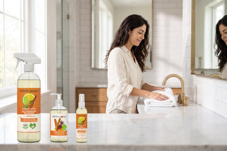 Bathroom Cleaning Essentials Bundle on a bathroom vanity