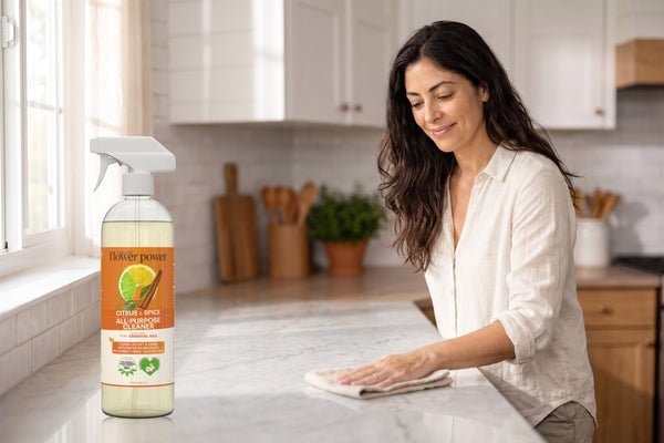 Citrus & Spice All-Purpose Cleaner Concentrate while she wipes the kitchen counter