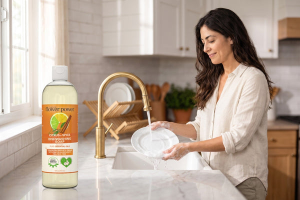 Citrus & Spice Liquid Dish Soap while she rinses a plate at the kitchen sink