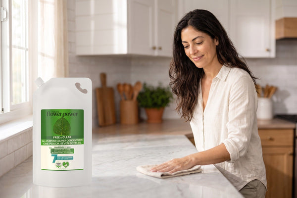 Free & Clear All-Purpose Cleaner 7X Refill while she wipes the kitchen counter