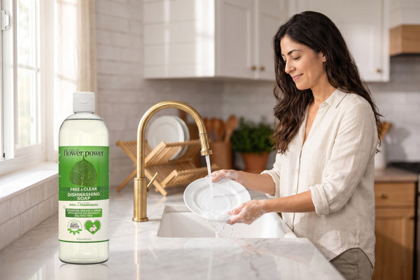 Free & Clear Liquid Dish Soap while she rinses a plate at the kitchen sink