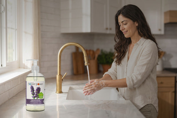 Lavender Liquid Hand Soap while she washes her hands at the kitchen sink