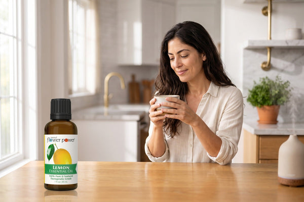 Lemon Essential Oil on a wooden table at breakfast