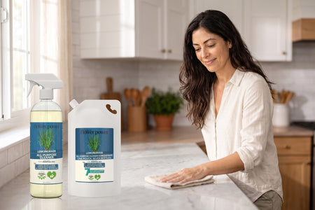 Lemongrass All-Purpose Cleaner + 7X Refill Bundle while she wipes the kitchen counter