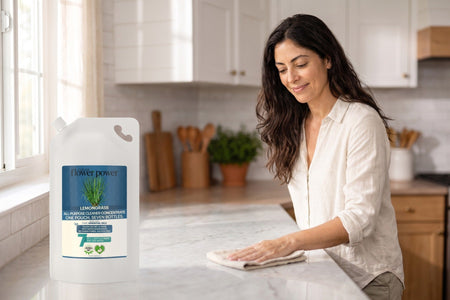 Lemongrass All-Purpose Cleaner 7X Refill while she wipes the kitchen counter