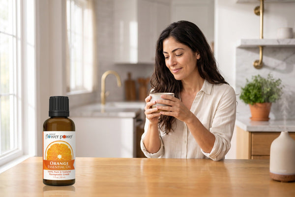 Orange Essential Oil on a wooden table at breakfast